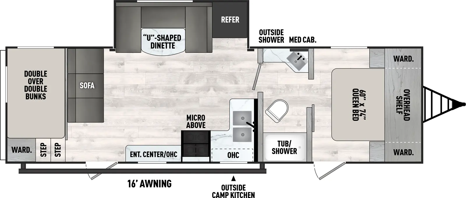 The Viking Travel Trailers 262BHS has two entries and one slide out. Exterior features include: metal exterior, 16' awning and outside kitchen. Interiors features include: bunk beds, u-dinette, front bedroom and pass through bathroom.